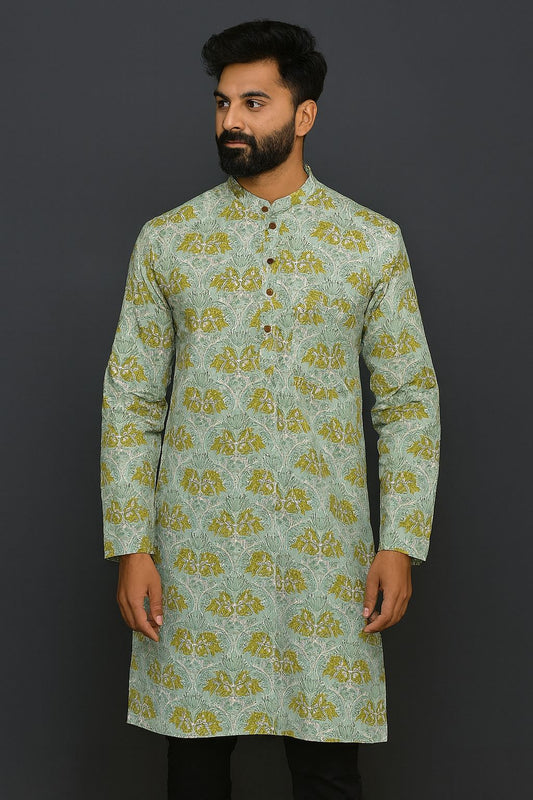 Mint Green Hand Block Printed Cotton Men’s Knee Length Kurta | Elegant Festive Ethnic Wear by Natural Fab