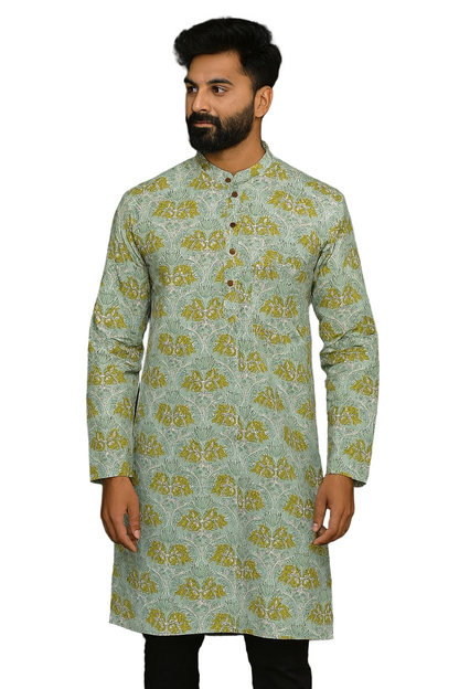 Mint Green Hand Block Printed Cotton Men’s Knee Length Kurta | Elegant Festive Ethnic Wear by Natural Fab