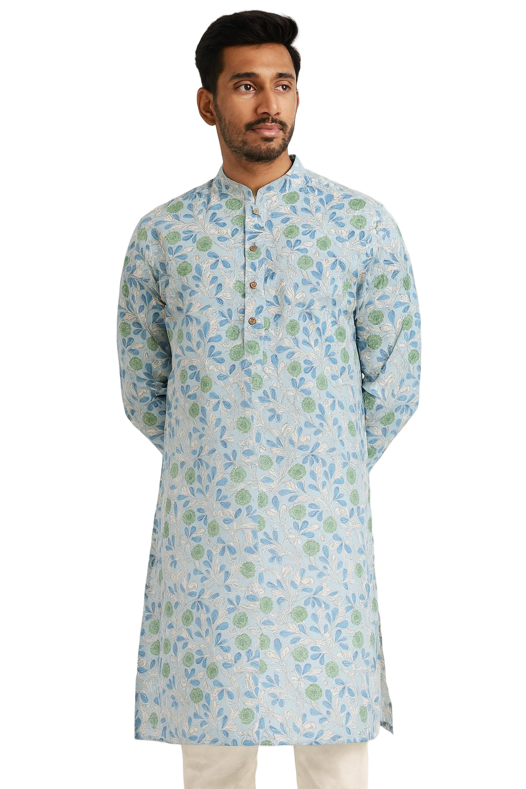 Sky Blue Hand Block Printed Cotton Men’s Knee Length Kurta | Elegant Festive Wear by Natural Fab