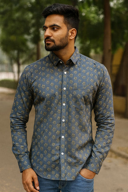 Handblock Printed Indigo Blue Cotton Shirt for Men – Floral Motif Design