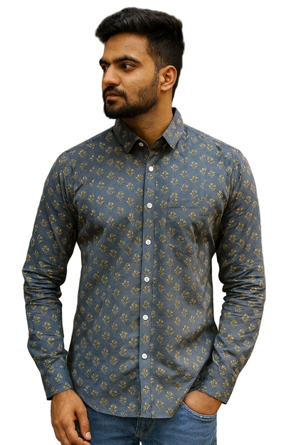Handblock Printed Indigo Blue Cotton Shirt for Men – Floral Motif Design