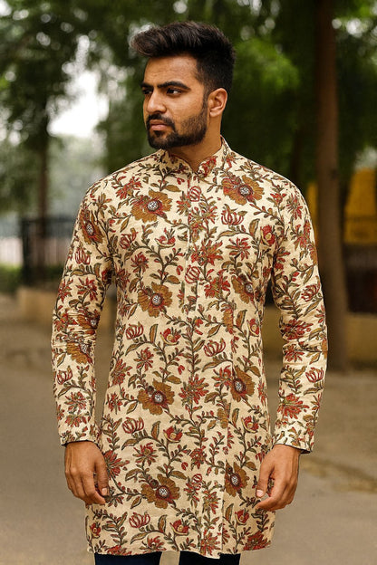 Handblock Printed Beige Cotton Kurta for Men – Floral Mughal Motif Design