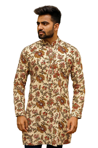 Handblock Printed Beige Cotton Kurta for Men – Floral Mughal Motif Design