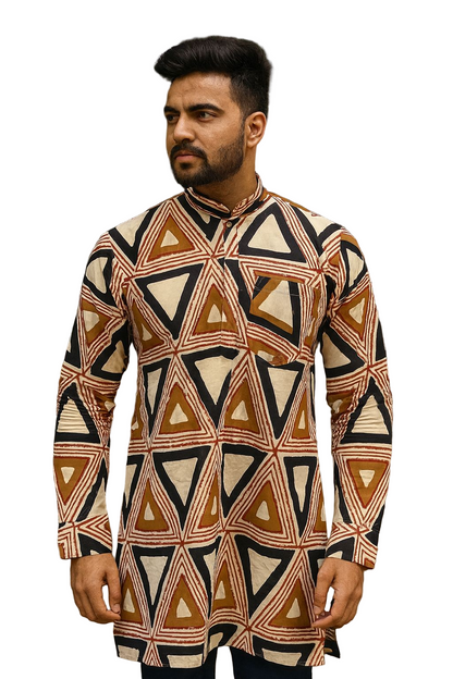 Handcrafted Cotton Ajrakh Print Men's Kurta – Geometric Pattern