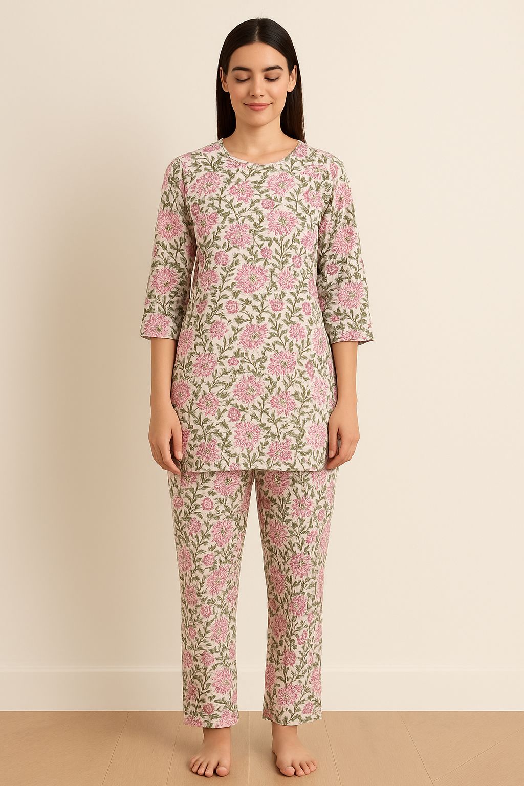 Pink Floral Hand Block Printed Cotton Night Suit for Women – 2-Piece Loungewear Set with Kurti & Pant