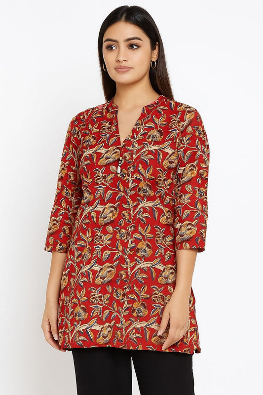 Maroon Hand Block Printed Cotton Short Kurti for Women – Floral Print Casual Ethnic Tunic