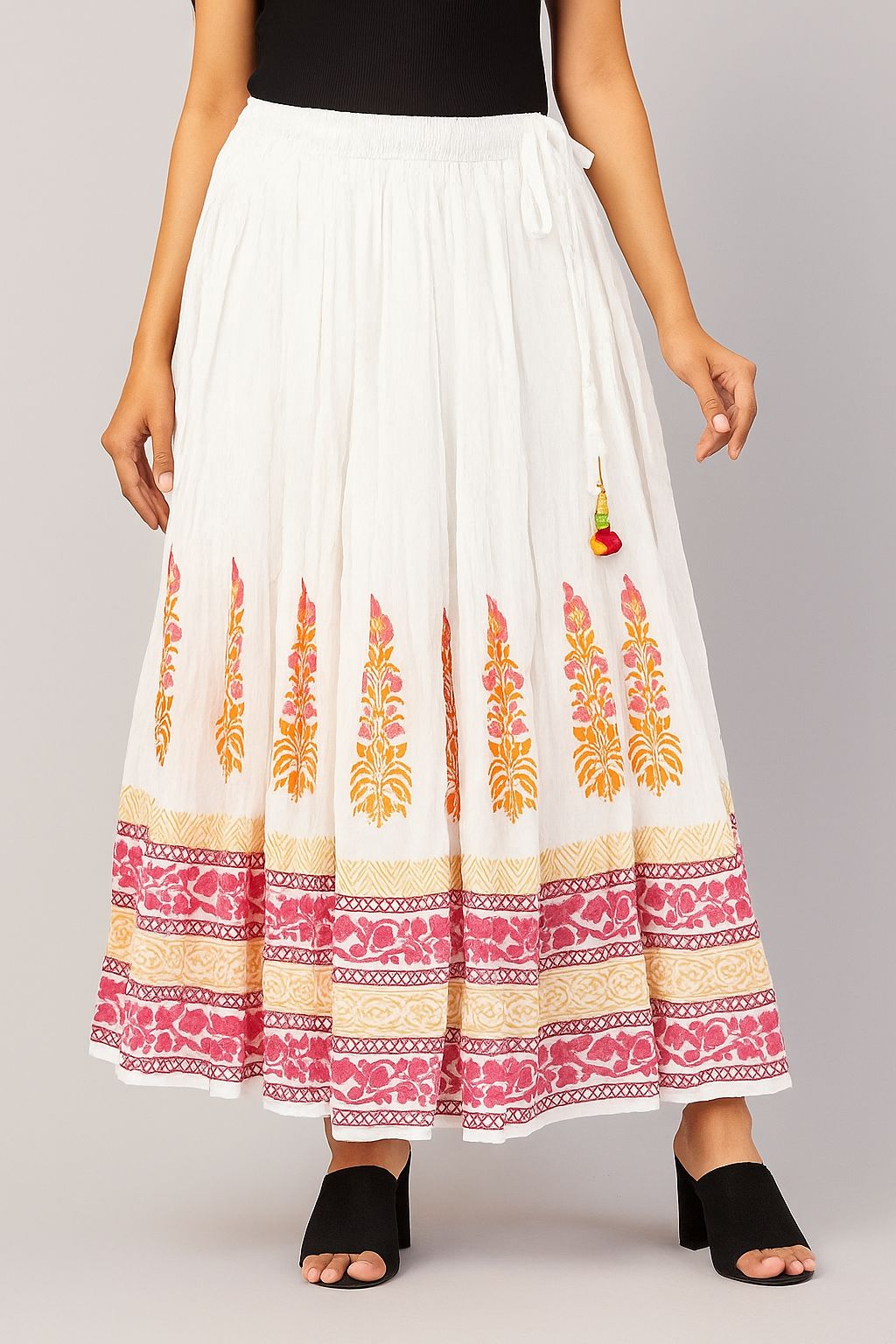 White Hand Block Printed Cotton Long Skirt for Women – Flared Ethnic Maxi Skirt with Tassel Tie