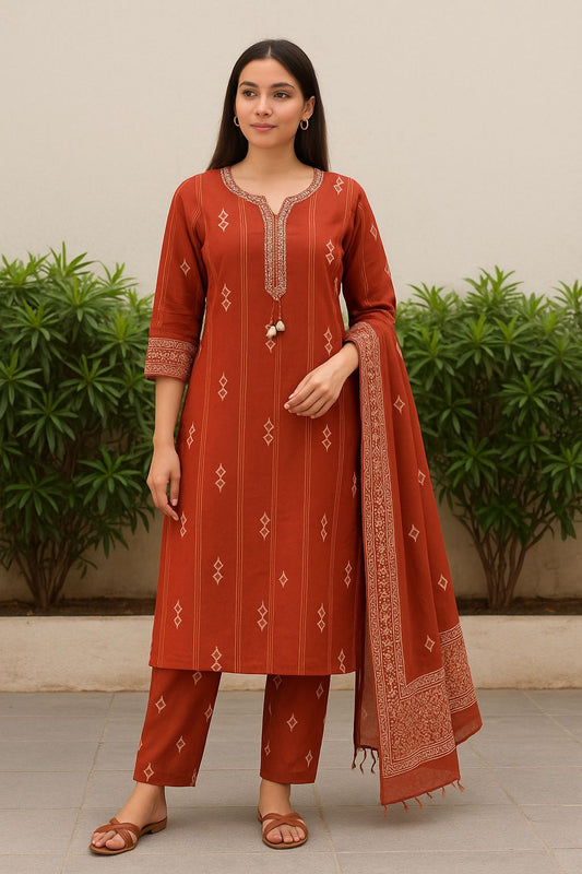 Rust Handblock Printed Cotton Kurti Set for Women with Dupatta – Elegant Ethnic 3-Piece Set