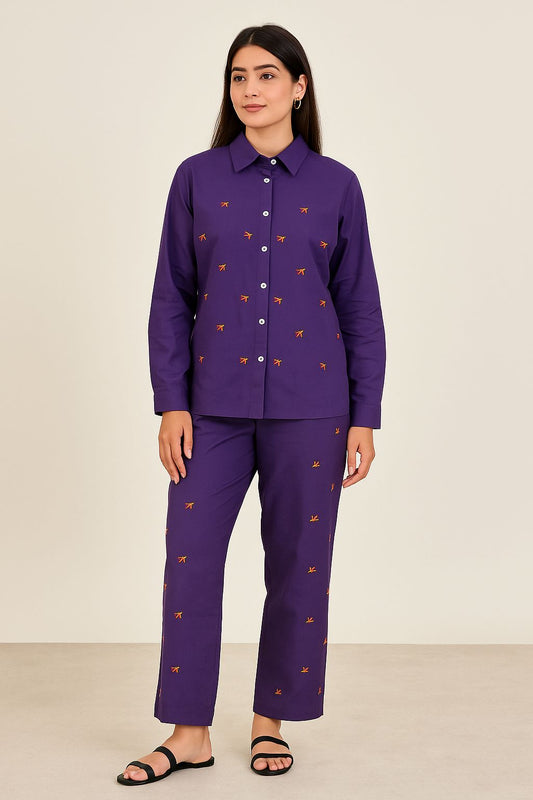 Purple Cotton Embroidered Co-ord Set for Women – Stylish Two-Piece Casual Wear
