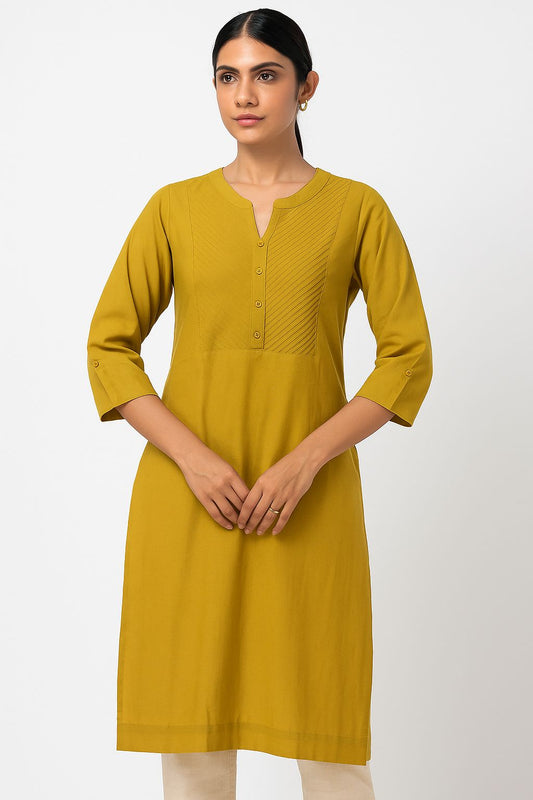 Mustard Yellow Cotton Straight Kurti for Women – Elegant Everyday Wear with Pintuck Detailing