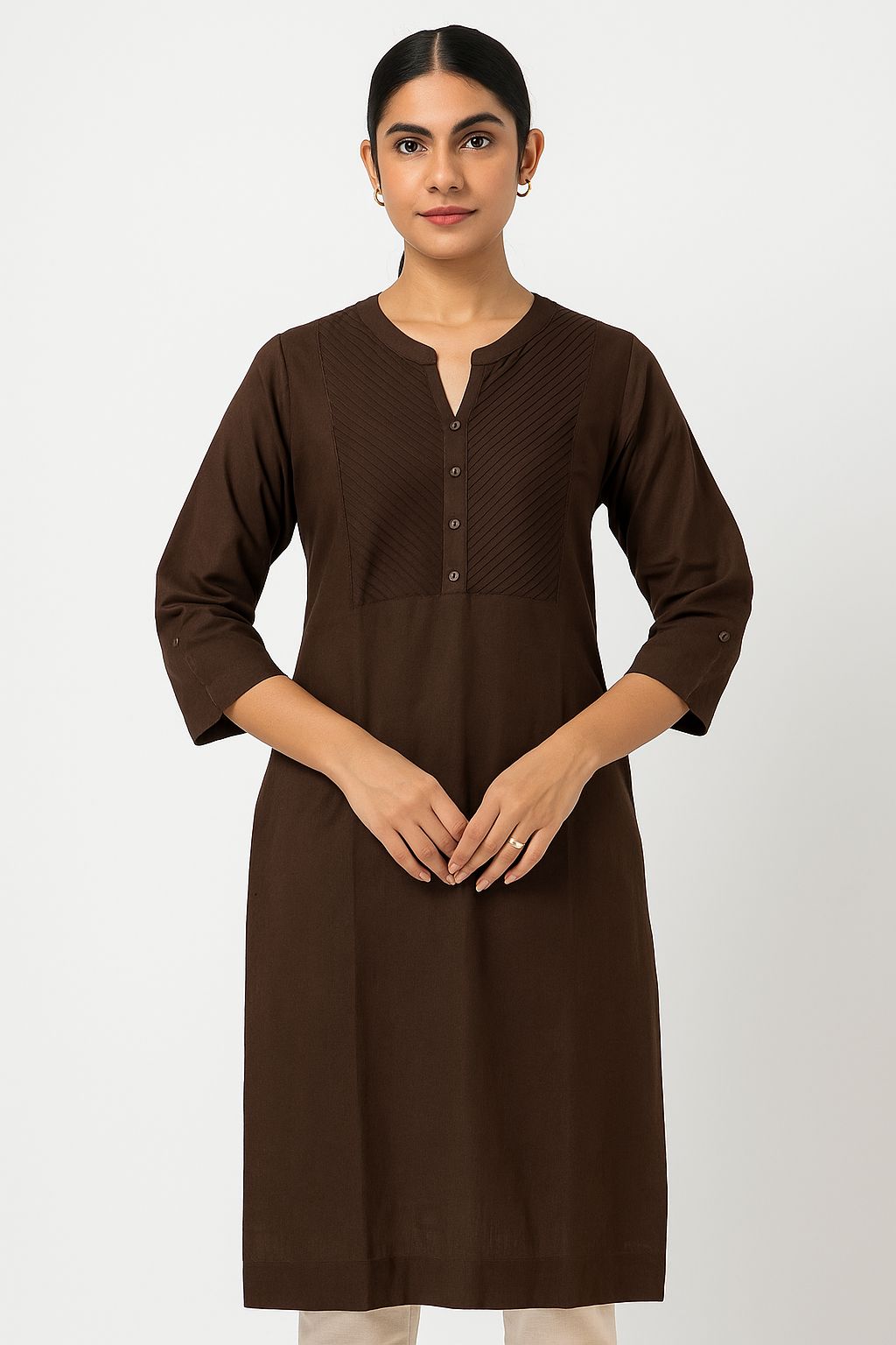 Chocolate Brown Cotton Straight Kurti for Women – Elegant Solid Everyday Wear with Pintuck Yoke