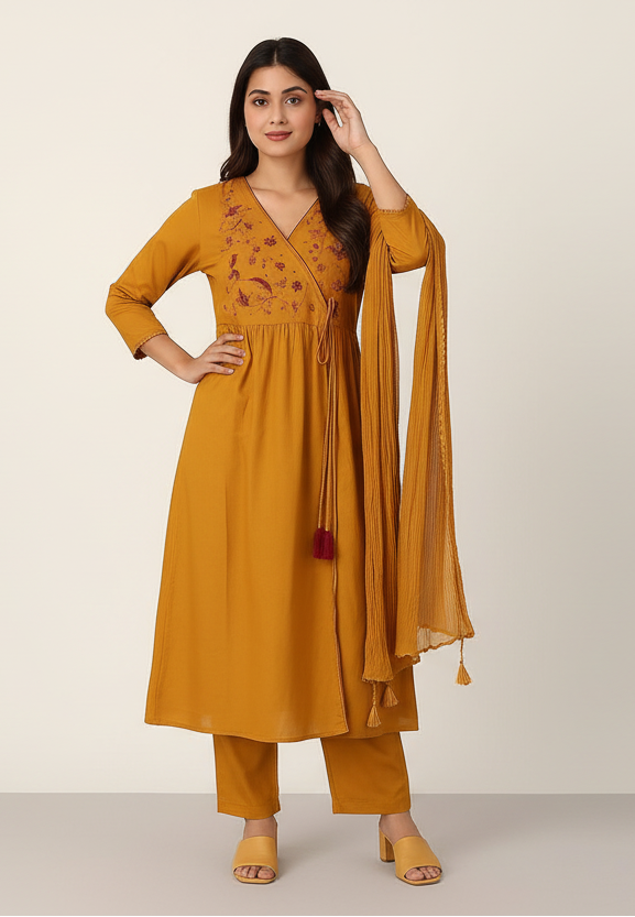 Mustard Yellow Maslin Embroidered Kurti Set with Dupatta – Elegant 3-Piece Ethnic Wear for Women