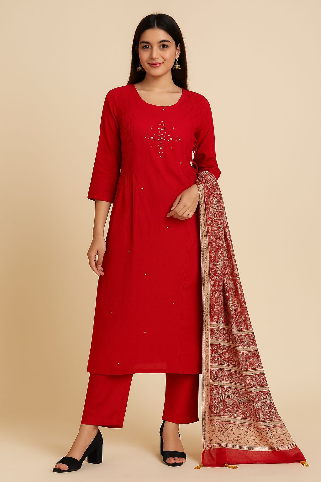Red Khadi Mirror Work Kurti Set with Printed Dupatta – Elegant Festive Wear for Women