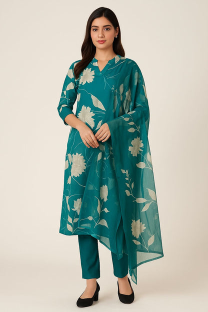 Teal Green Floral Printed Maslin Kurti Set for Women – Elegant 3-Piece Suit with Dupatta