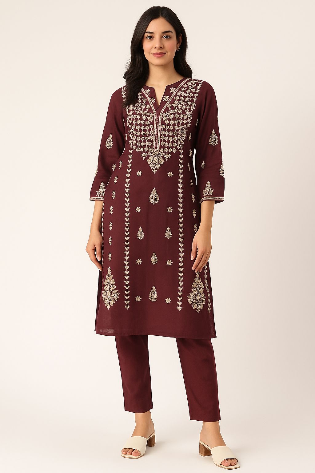 Maroon Maslin Embroidered Kurti Set for Women – Elegant Festive Ethnic Wear with Straight Pants