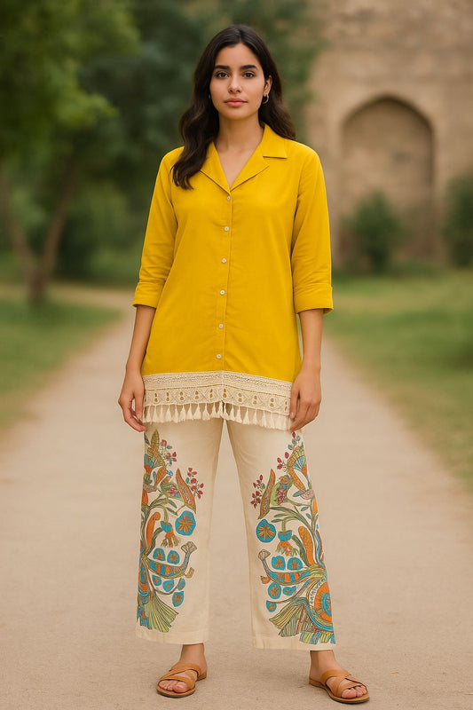 Mustard Yellow Cotton Co-ord Set for Women with Embroidered Cream Pants – Handcrafted Boho Chic Summer Outfit