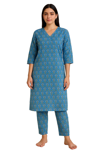 Every Day Blue Cotton Kurta Pant Set for Women – Handblock Printed Daily Wear Outfit