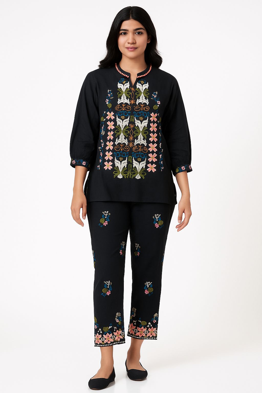 Black Cotton Embroidered Co-ord Set for Women – Handcrafted Floral Pattern Kurta & Pant | Natural Fab