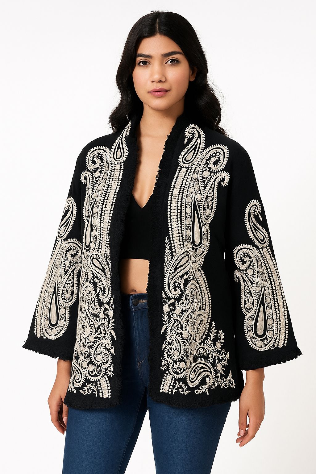 Black Embroidered Open Front Jacket for Women – Elegant Boho Chic Layer | Natural Fab