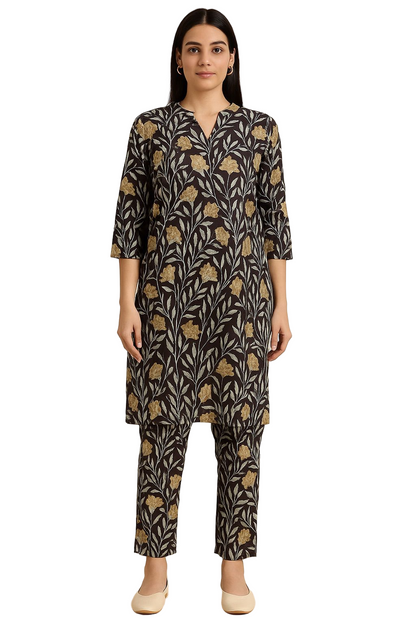 Women's Everyday Cotton Kurta Pant Set – Handblock Floral Print, Soft & Breathable Casual Wear