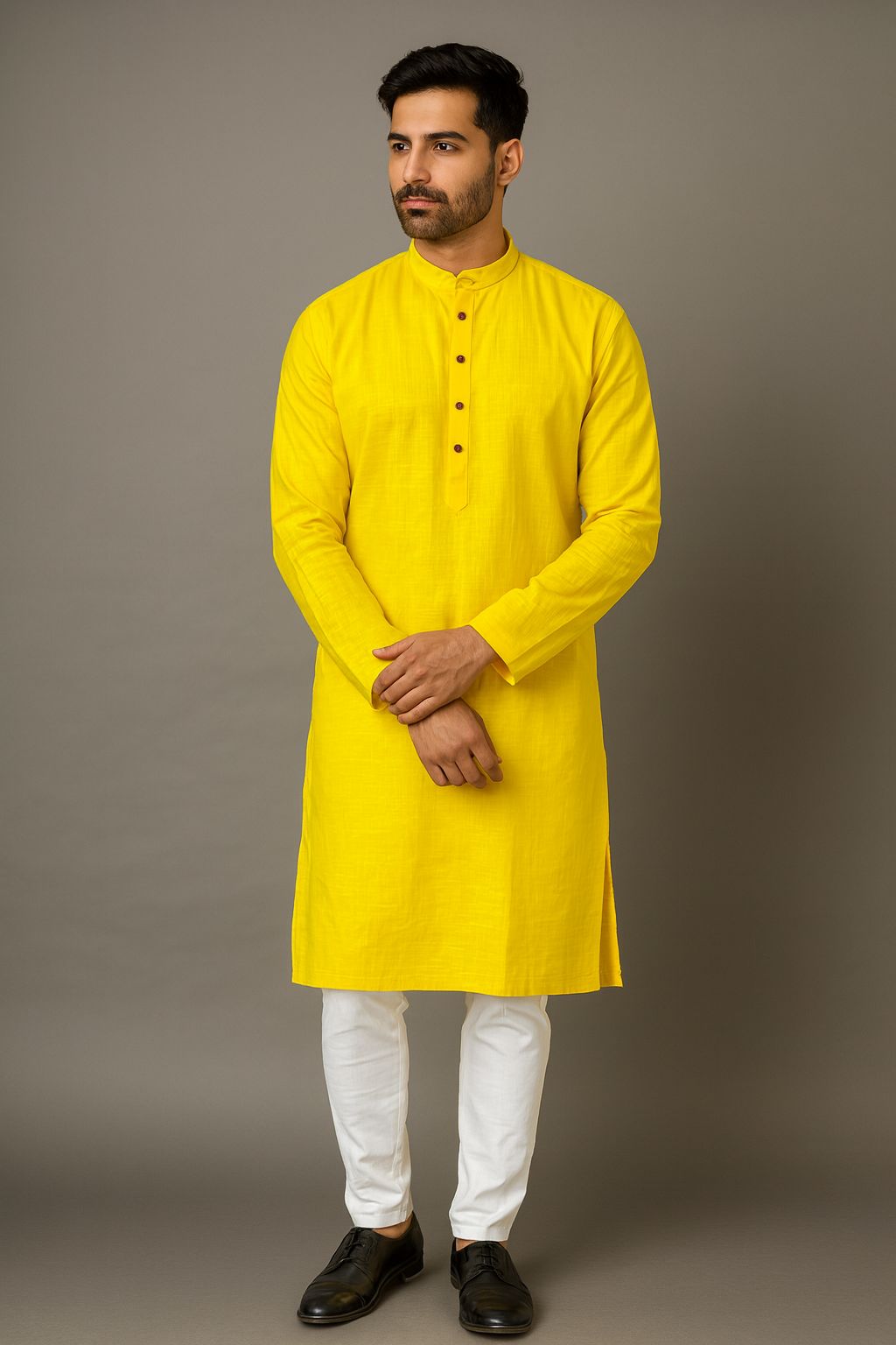 Men’s Yellow Long Kurta in Pure Cotton – Festive Wear | Comfortable Daily Ethnic Kurta for Men