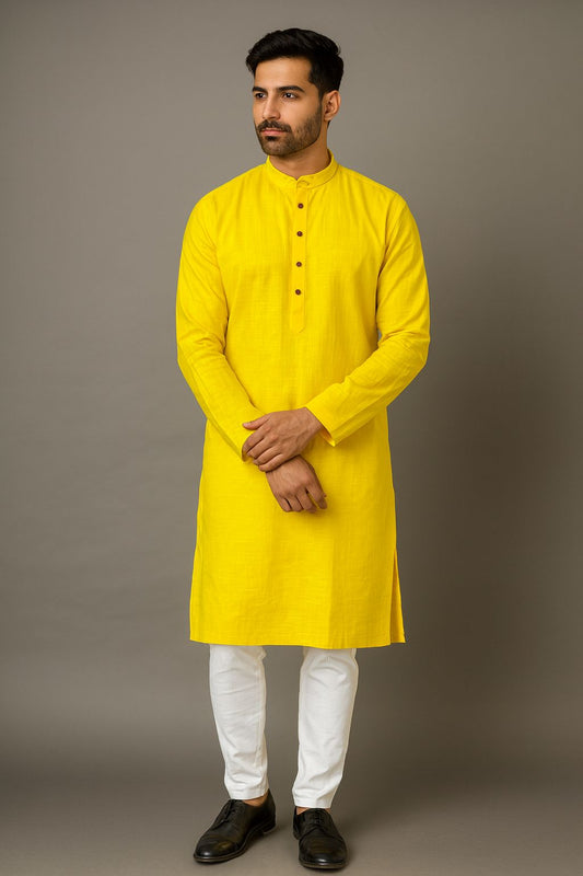 Men’s Yellow Long Kurta in Pure Cotton – Festive Wear | Comfortable Daily Ethnic Kurta for Men
