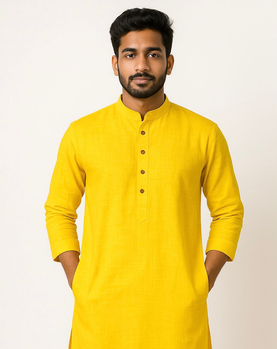 Men’s Yellow Long Kurta in Pure Cotton – Festive Wear | Comfortable Daily Ethnic Kurta for Men