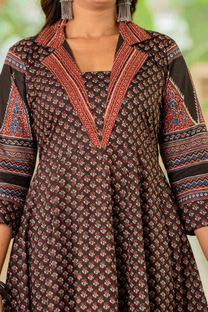 Black Printed Anarkali Kurta Set with Dupatta for Women – Elegant Cotton Ethnic Wear | Festive & Party Collection