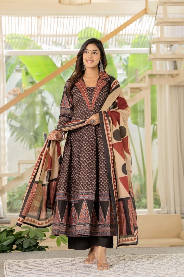 Black Printed Anarkali Kurta Set with Dupatta for Women – Elegant Cotton Ethnic Wear | Festive & Party Collection