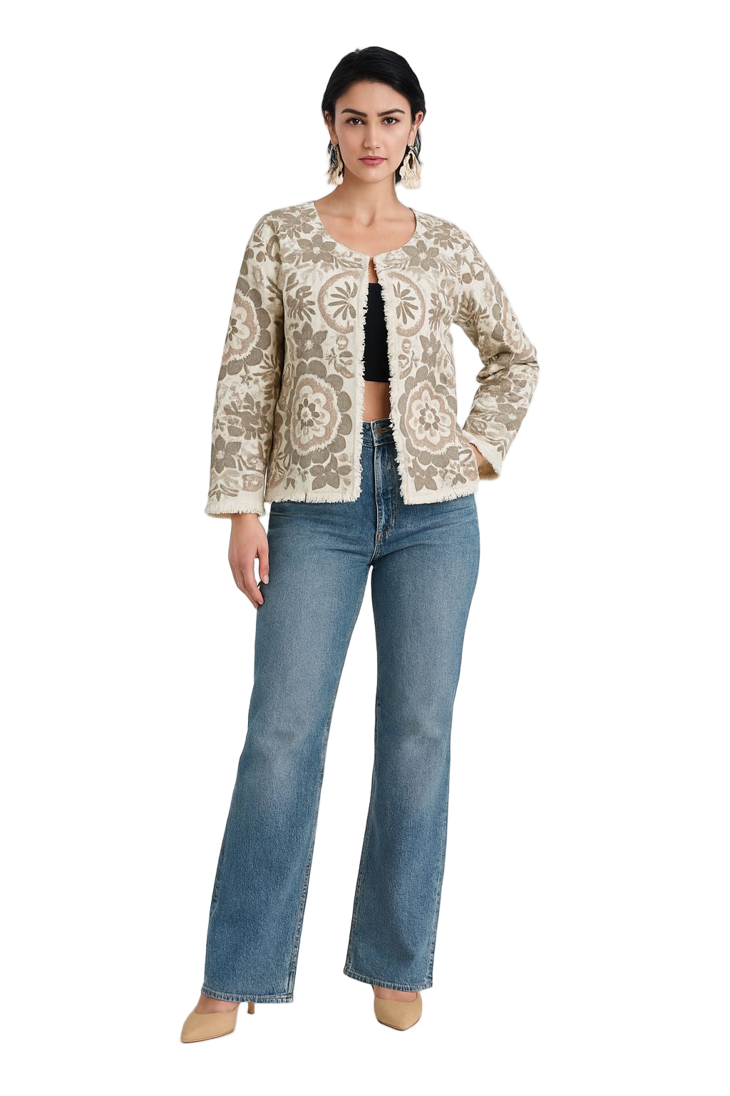 Naturalfab Beige & Brown Floral Handblock Printed Cotton Jacket for Women