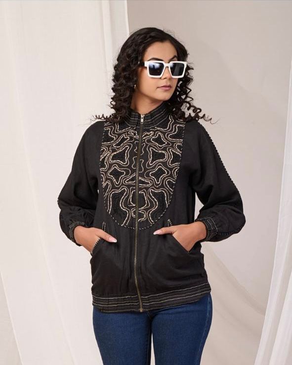 Naturalfab Black Hand-Embroidered Zip-Up Casual Jacket for Women