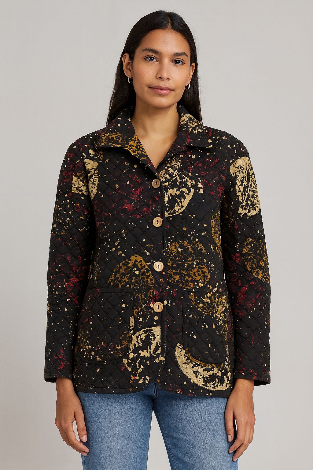 Women’s Quilted Printed Jacket – Premium Winter Layer – Button Down Casual Outerwear – Black Multicolour