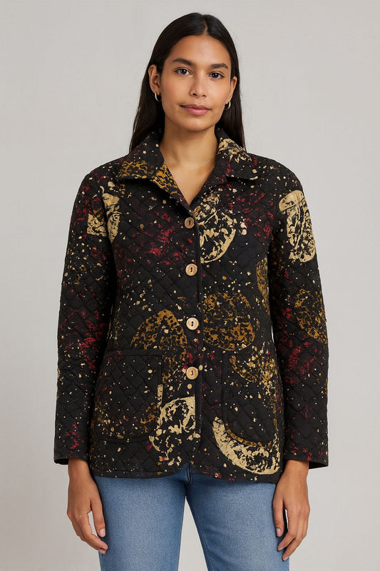 Women’s Quilted Printed Jacket – Premium Winter Layer – Button Down Casual Outerwear – Black Multicolour