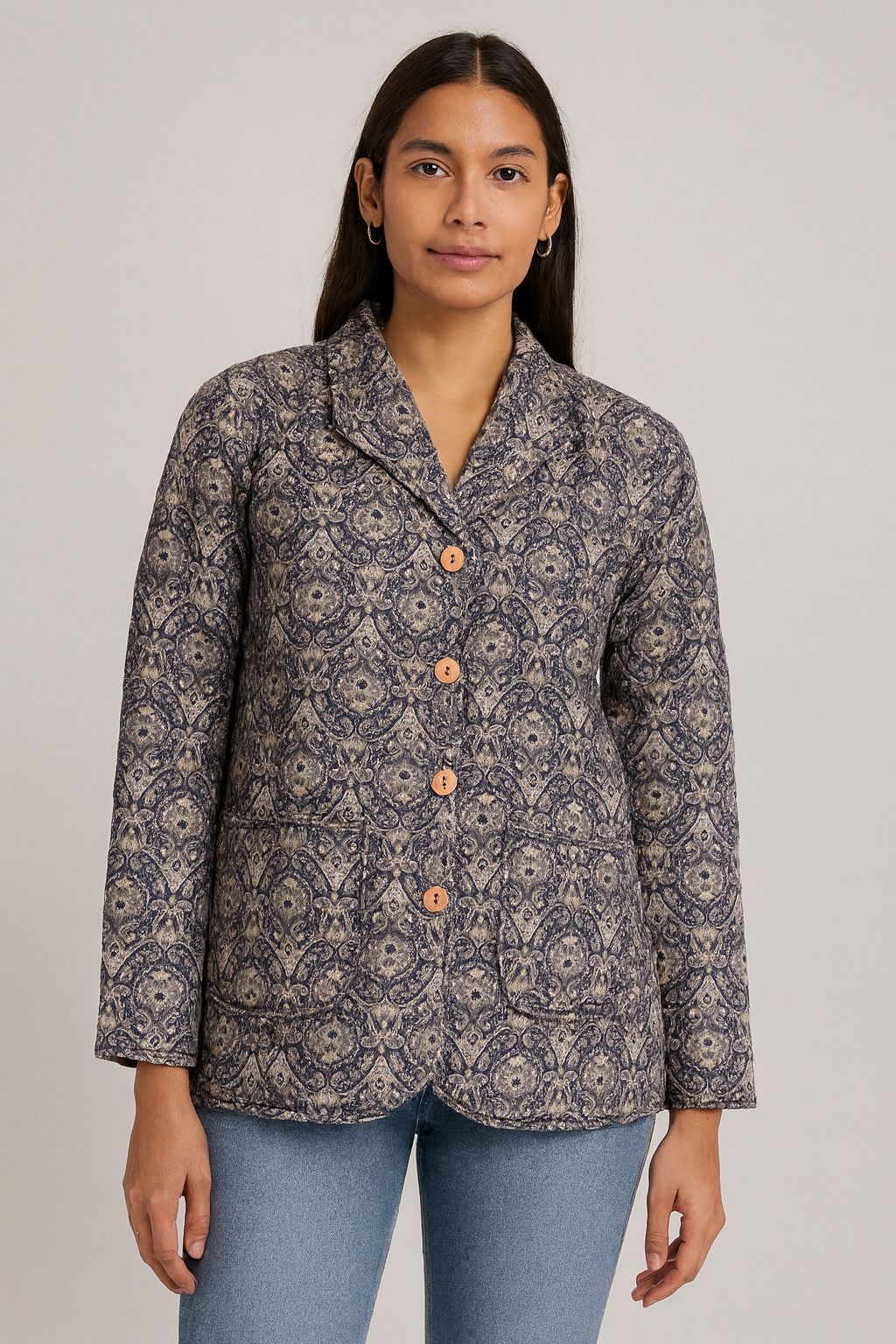 Women’s Quilted Printed Jacket | Premium Winter Layer | Button Down Casual & Office Wear | Blue Beige