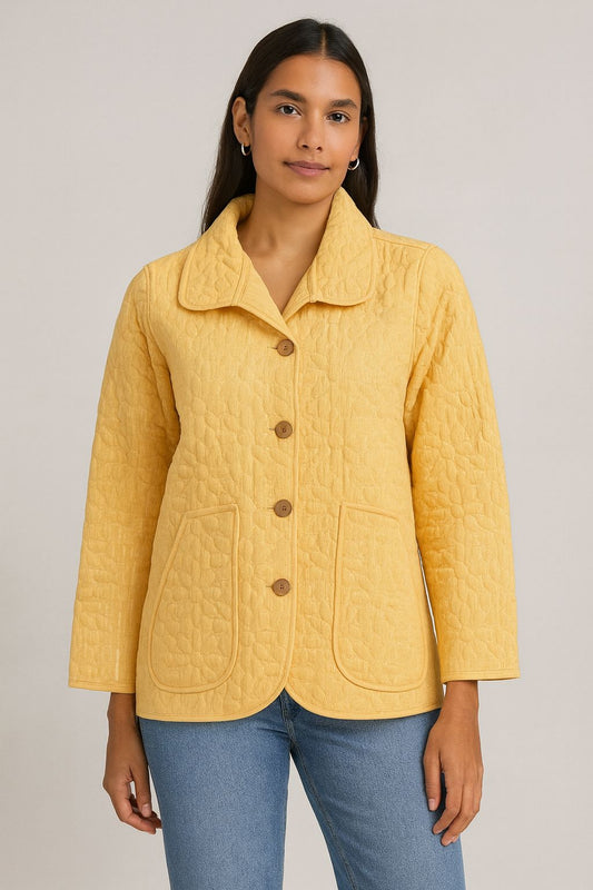 Women’s Quilted Solid Jacket – Premium Winter Layer – Button Down Stylish Outerwear – Mustard Yellow