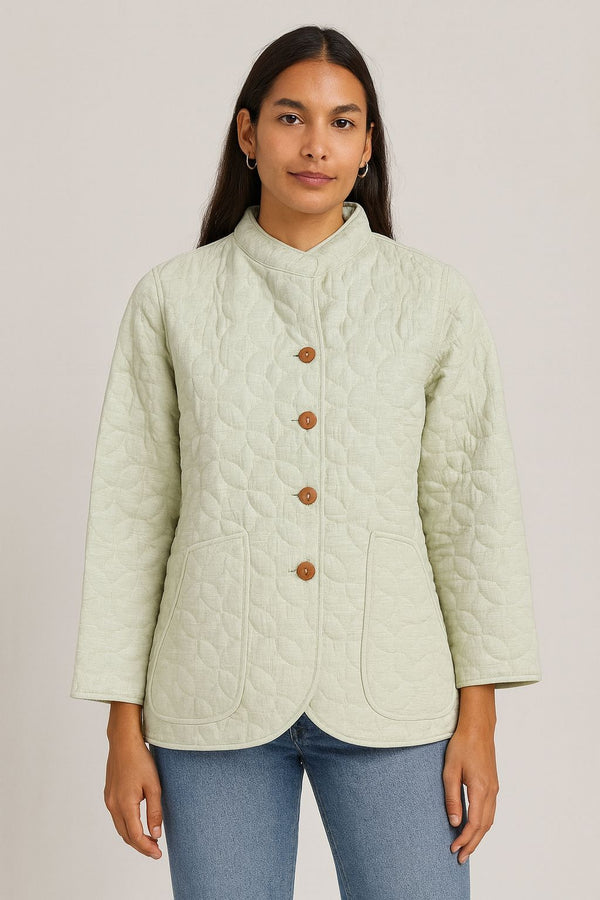 Women’s Quilted Solid Jacket | Premium Winter Layer | Mandarin Collar Button Jacket | Light Mint Green