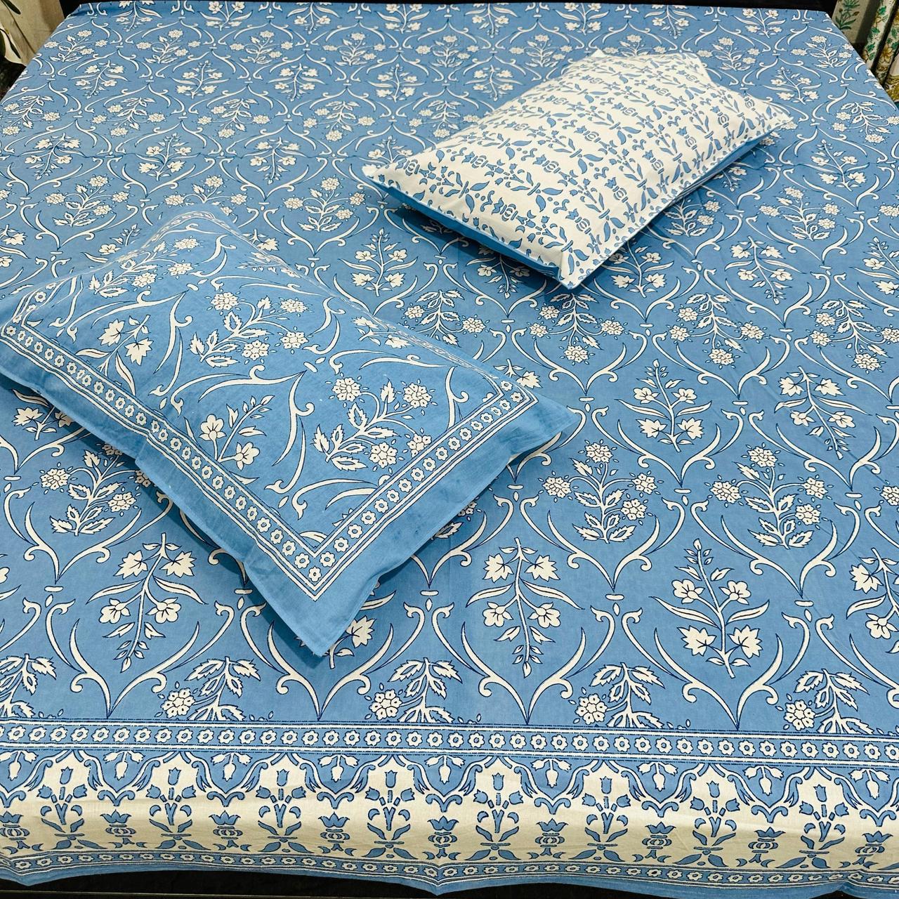 Premium Blue Floral Handblock Printed King Size Bedsheet 108x108 with 2 Pillow Covers – Pure Cotton Jaipur Print | Natural Fab