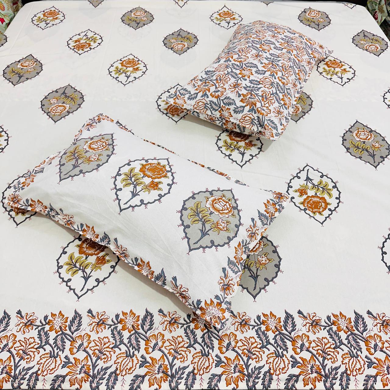 Premium Cotton Block Printed King Size Bedsheet 108x108 with 2 Pillow Covers – Beige & Orange Mughal Floral Design | Natural Fab