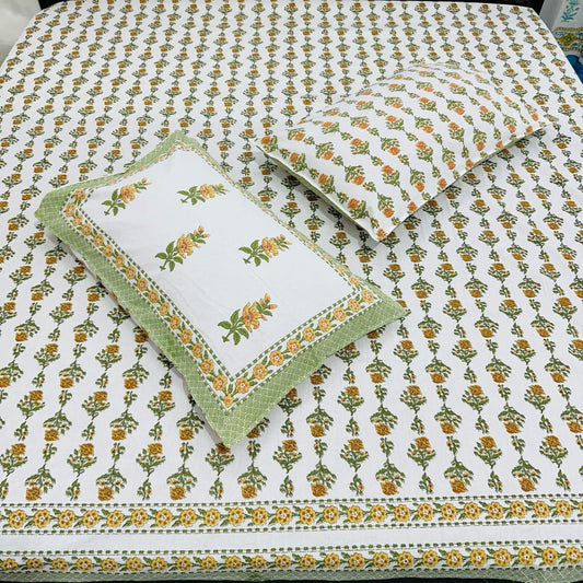 Premium Cotton Handblock Printed King Size Bedsheet 108x108 with 2 Pillow Covers – Green & Mustard Floral | Natural Fab