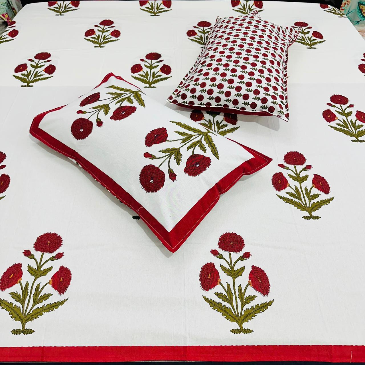 Premium Cotton Handblock Printed King Size Bedsheet 108x108 with 2 Pillow Covers – Red Floral Motif | Natural Fab