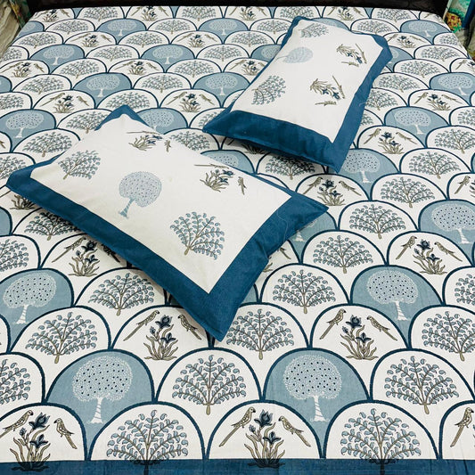 Premium Cotton Mughal Arch Printed King Size Bedsheet 108x108 with 2 Pillow Covers – Blue Birds & Floral Design | Natural Fab