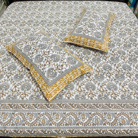 Premium Cotton Paisley Handblock Printed King Size Bedsheet 108x108 with 2 Pillow Covers – Mustard & Grey Mughal Design | Natural Fab