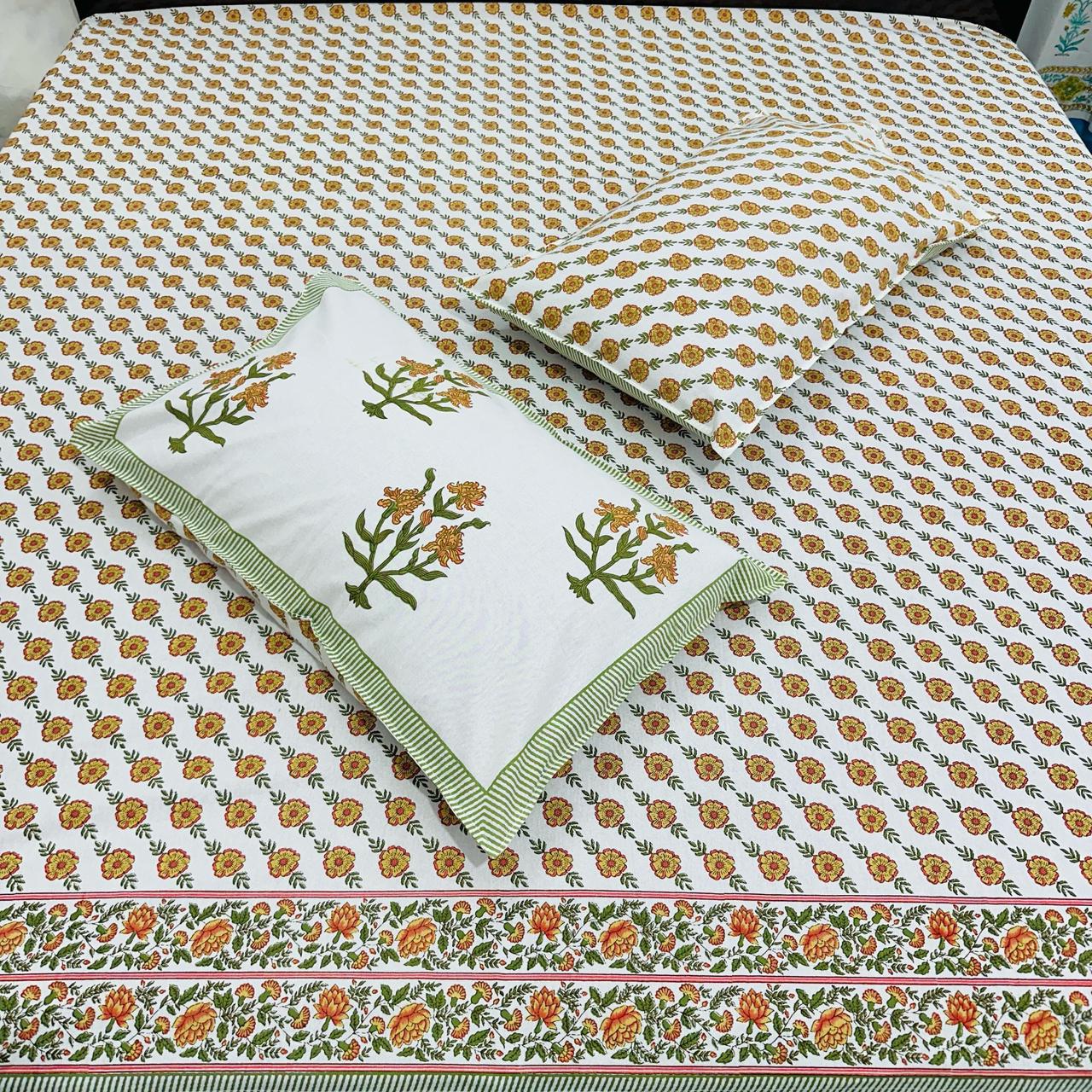 Premium Cotton Handblock Printed King Size Bedsheet 108x108 with 2 Pillow Covers – Floral Ajrakh Inspired | Natural Fab