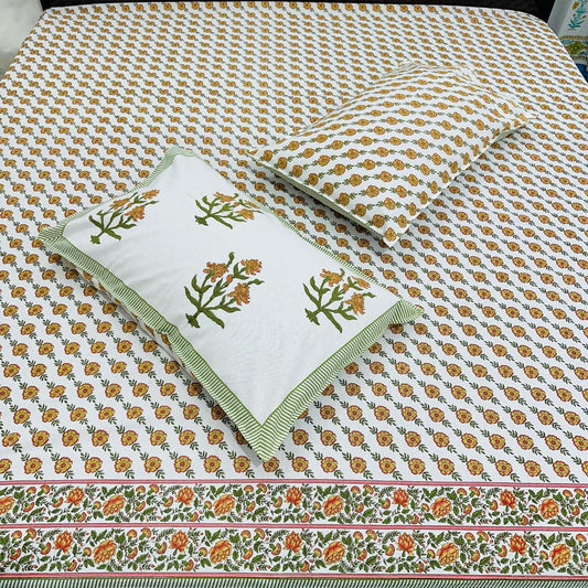 Premium Cotton Handblock Printed King Size Bedsheet 108x108 with 2 Pillow Covers – Floral Ajrakh Inspired | Natural Fab