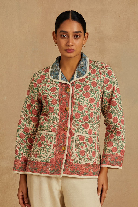 Women’s Floral Quilted Cotton Jacket | Hand-Printed Ethnic Winter Layer | Button-Front, Lightweight & Breathable
