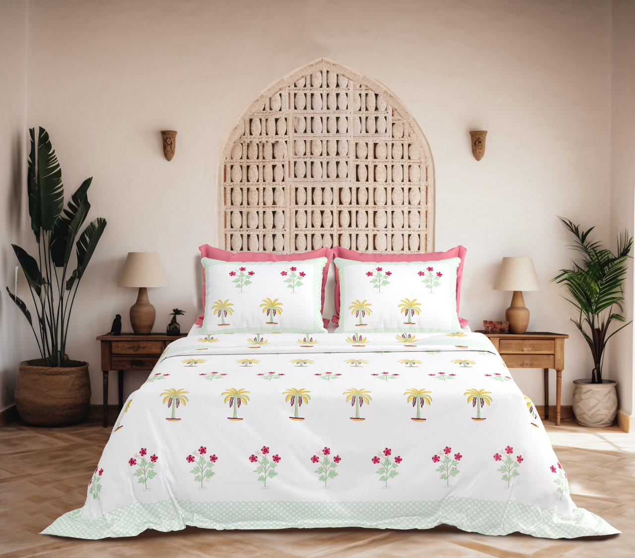 King Size Cotton Bedsheet 108×108 Inches | Soft Breathable Palm & Floral Print Bed Sheet with Matching Pillow Covers | Premium Home Bedding