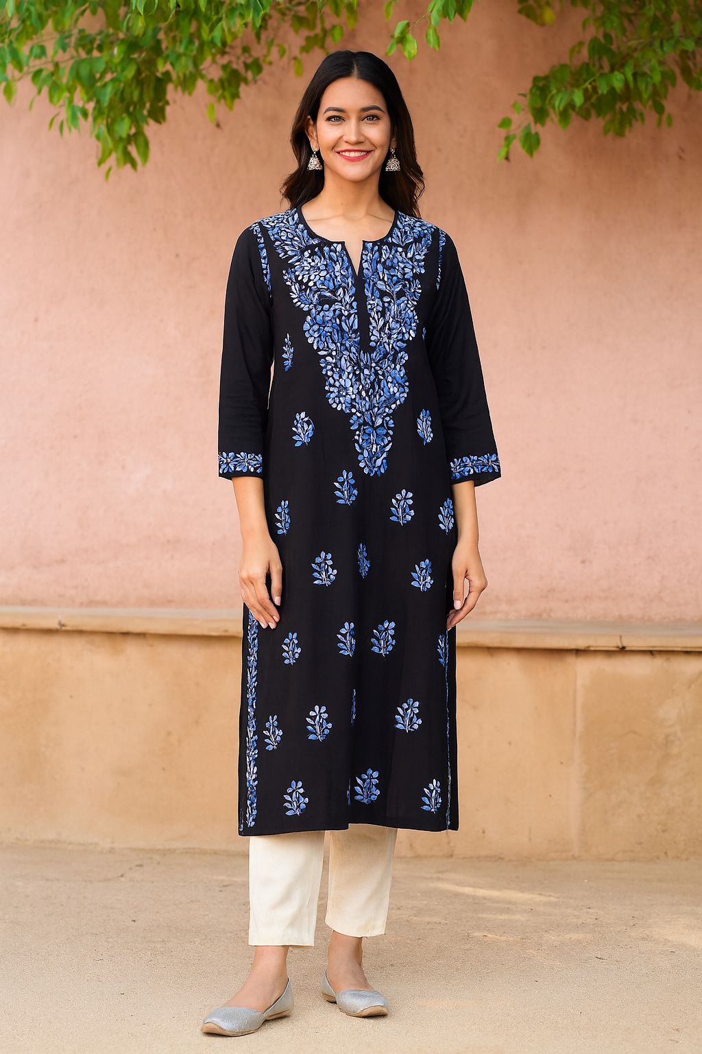 Women’s Black Cotton Kurti with Blue Floral Print | Straight Fit Ethnic Kurta
