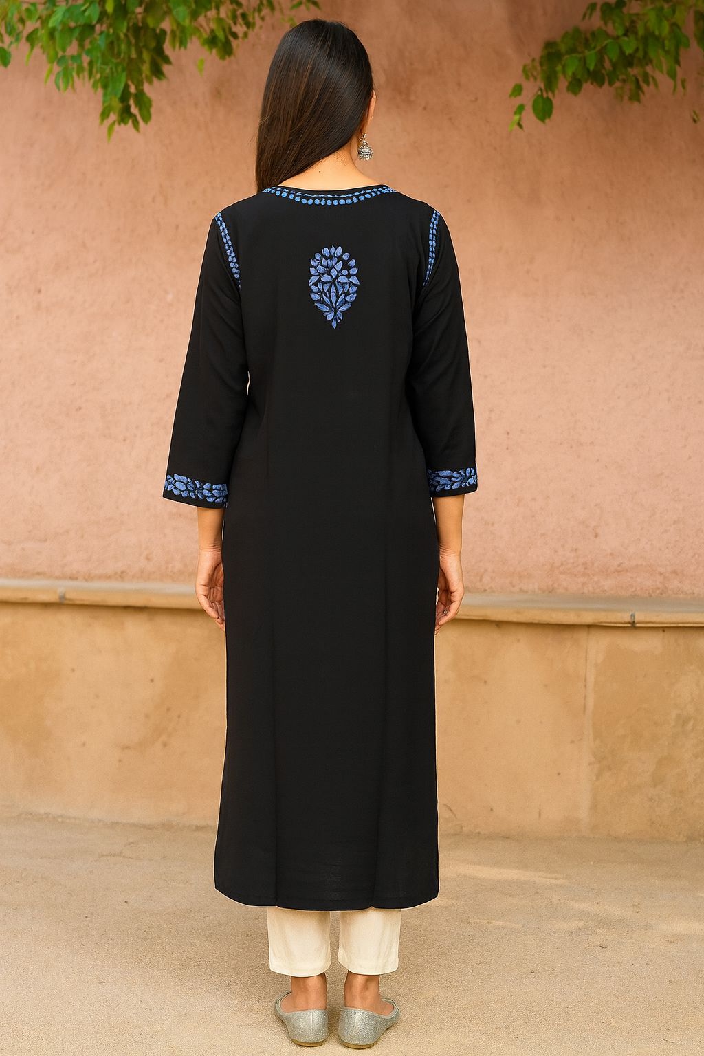 Women’s Black Cotton Kurti with Blue Floral Print | Straight Fit Ethnic Kurta