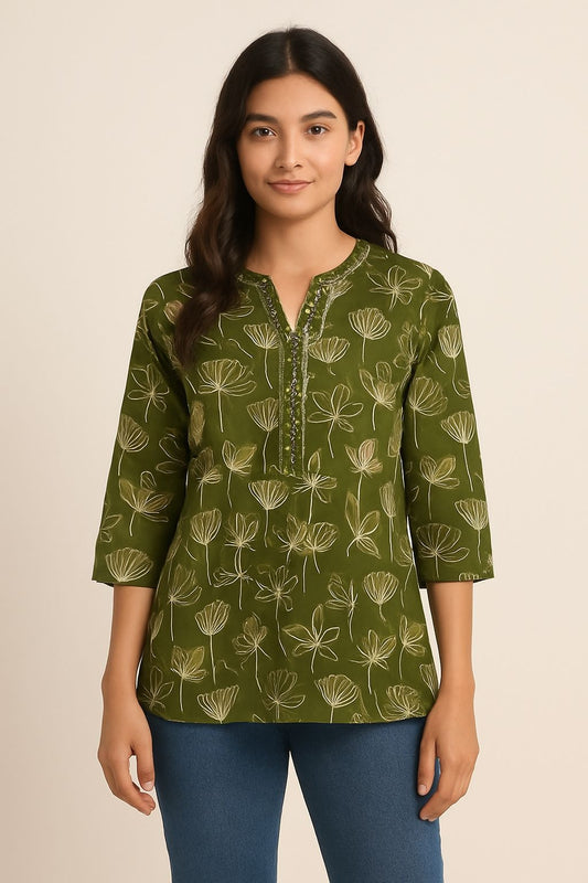 Women’s Olive Green Cotton Short Kurti with Floral Print | Casual Ethnic Top for Daily Wear