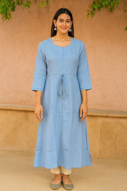 Women’s Sky Blue Cotton Long Kurti with Tie-Up Waist | Straight Fit Ethnic Kurta